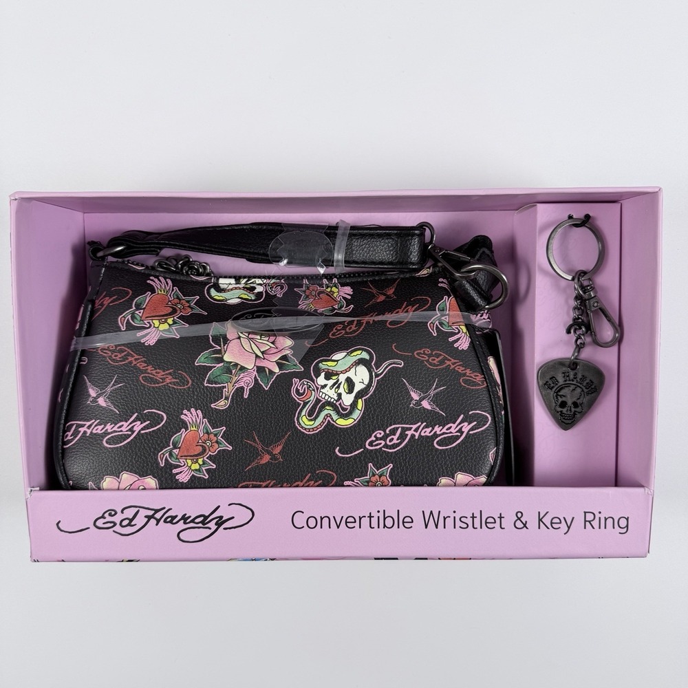 Ed Hardy Heart Skull Convertible Wristlet Crossbody w/ Key Ring Gift Set NIB